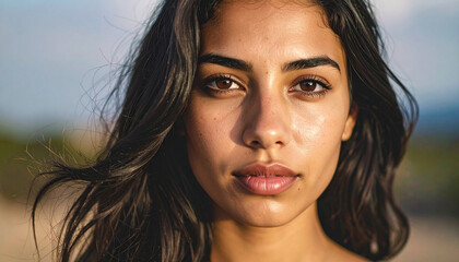 Beautiful Young Woman Smiling Outdoors with Golden Sunlight Bokeh Background. Generated Image