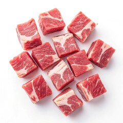Overhead View of Raw Diced Beef Cubes on White,Raw Beef Cubes for Cooking Top View,Cubed Raw Beef Meat Overhead Photography