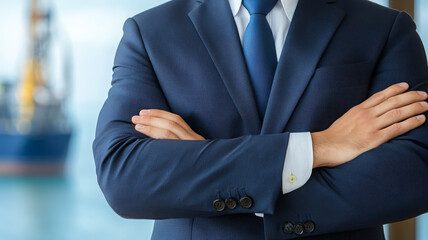 Professional engineer standing with arms crossed in blue suit, confident business attitude