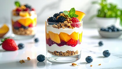 A close-up shot of a layered fruit and yogurt parfait in a glass, topped with granola, berries, and a mint leaf, with other parfaits and fresh fruit in the back