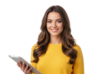 Smiling young woman with long wavy brown hair holding a modern tablet device isolated on transparent background