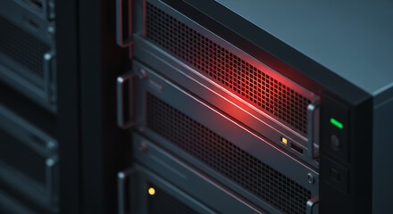 A detailed view of a server rack with a warning light, symbolizing data processing and network security.
