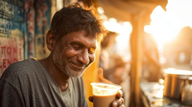 Desi Pria Menikmati Minuman Hangat di Bawah Sinar Matahari