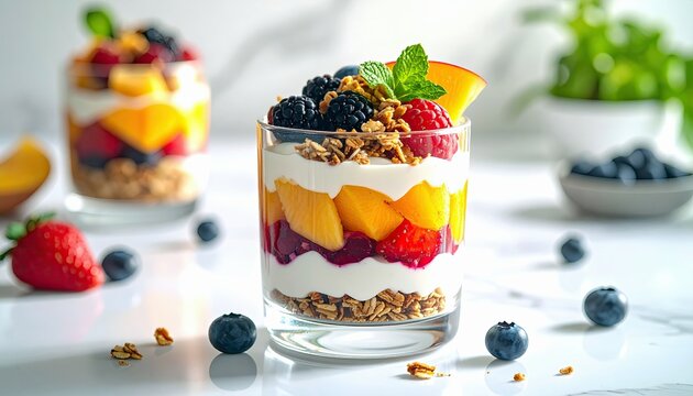 A close-up shot of a layered fruit and yogurt parfait in a glass, topped with granola, berries, and a mint leaf, with other parfaits and fresh fruit in the back