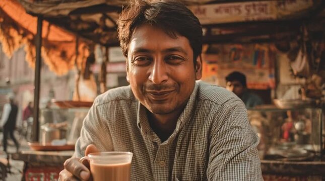 Desi man enjoying chai at street stall