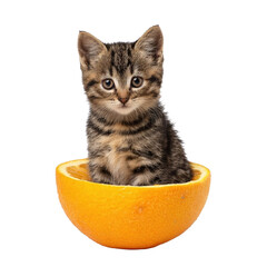 Cute kitten sitting in a half orange.
