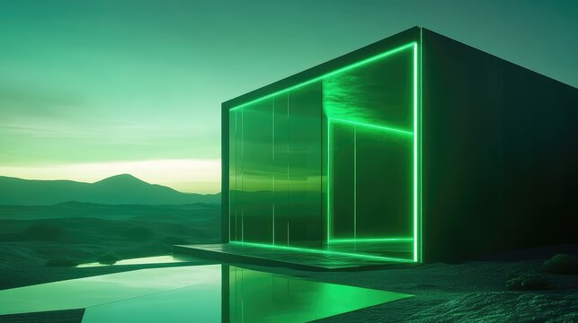 Futuristic green neon modern building in desert landscape