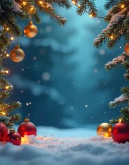 縦構図：雪と光に囲まれたクリスマスの幻想的なフレーム