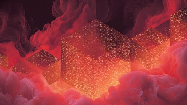 Glowing digital cubes rising through red smoke clouds