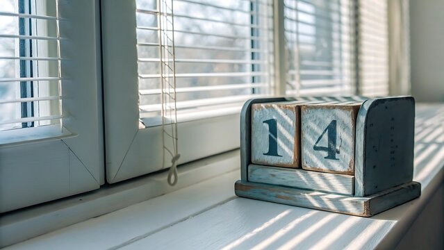 a softly lit window sill displays a vintage wooden calendar showing the fourteenth day creating a peaceful and nostalgic atmosphere indoors