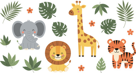 Cute jungle animals cartoon illustration, elephant, lion, giraffe, tiger with tropical leaves and flowers, adorable wildlife vector, children design art