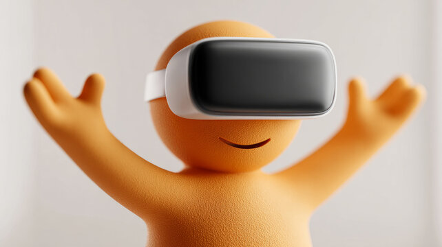 3D cartoon figure with VR headset embracing virtual reality.