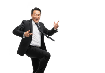 Energetic asian businessman in a black suit and white shirt enthusiastically pointing and celebrating with a joyful expression isolated on transparent background