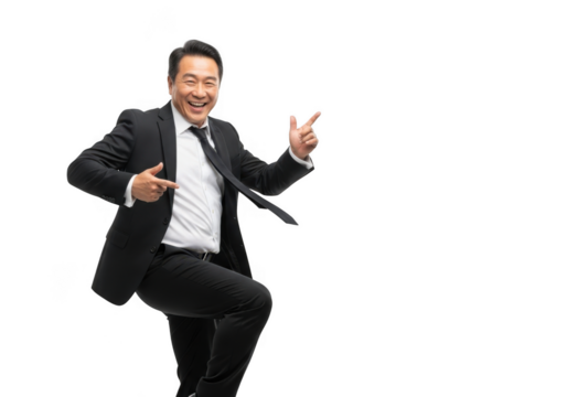 Energetic asian businessman in a black suit and white shirt enthusiastically pointing and celebrating with a joyful expression isolated on transparent background - Powered by Adobe