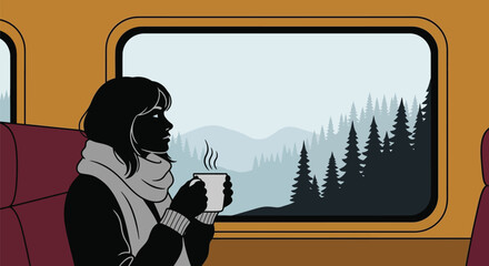 Woman enjoying scenic winter landscape while riding train with coffee