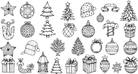 Hand-Drawn Christmas and Winter Holiday Doodle Sketch Elements Set with Trees, Ornaments, Gifts, Santa Hats, Stars, and More