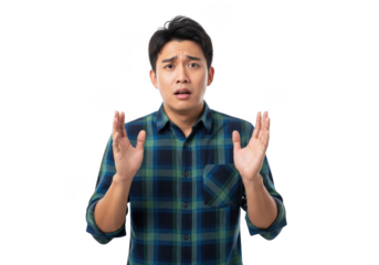 Young man with dark hair wearing a plaid shirt expressing shock and fear with raised hands isolated on transparent background