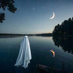 A ghost drifts silently above a calm reflective lake, creating an eerie.