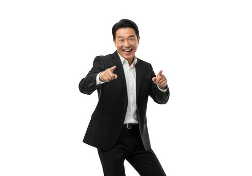 Excited asian businessman in a sharp black suit and white shirt pointing with both index fingers forward isolated on transparent background