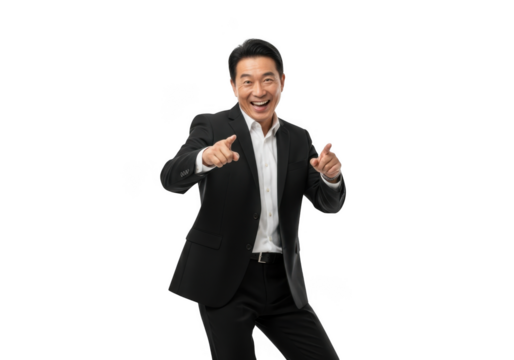 Excited asian businessman in a sharp black suit and white shirt pointing with both index fingers forward isolated on transparent background - Powered by Adobe