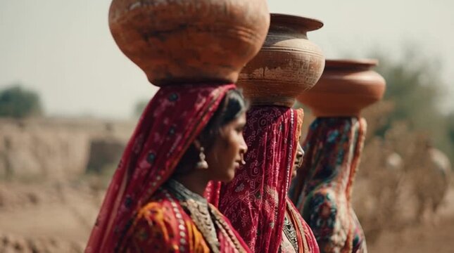 Desi Women Carrying Clay Pots Traditional Village Scene