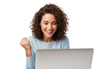 Joyful young woman celebrating success while looking at her laptop screen isolated on transparent background