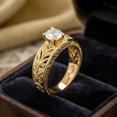 A luxurious gold ring with intricate details, displayed on a dark velvet background.
