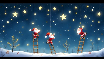 Whimsical storybook illustration showing playful mini Santas climbing ladders to hang glowing stars in a magical night sky for cheerful Christmas artwork