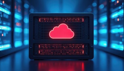 Server rack with glowing red cloud symbol in data center. Blue server lights blink. Digital information storage and tech concept for network and cyberspace operations.
