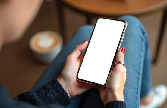 Woman holds phone with blank screen in coffee shop. Female uses modern smartphone for business communication and online shopping. Client drinks cappuccino at wooden table in cafe during leisure.