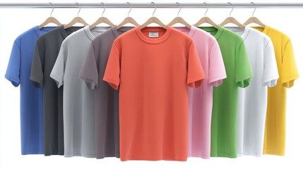 ハンガーに掛かったカラフルなTシャツ