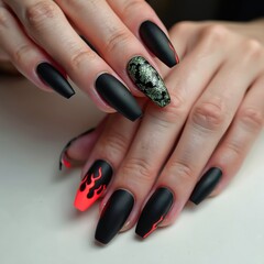 Woman shows off matte black coffin nails with neon red flames and green snake skin accent. Elegant stiletto nails feature bold flame art. Perfect edgy manicure design inspiration for creative beauty.
