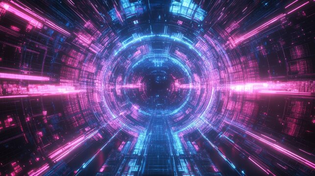 Futuristic digital tunnel with glowing neon lights and data - Powered by Adobe