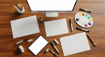 Overhead View of Artist's Creative Workspace with Monitor, Tablet, Sketchbooks, Paint Palette and Abundant Art Supplies on Wooden Desk Flat Lay