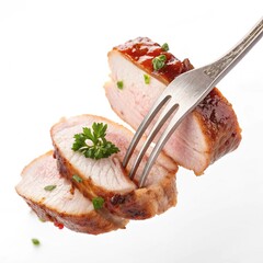 Pork Meat on Fork Isolated on White Background,Cooked Pork Meat Piece on Fork Studio Shot