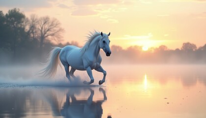 White horse running through misty water at sunrise  