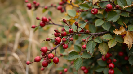 Red briers on bushe, floating in wind. Detail view on briar and leaves. Autumn rural rustic background with wild rose. Agriculture farming scene with hips.