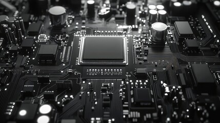 Dark circuit board with illuminated microchip and conducting pathways