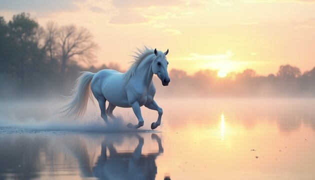 White horse running through misty water at sunrise