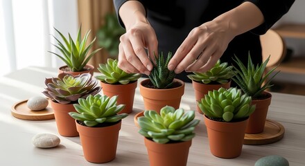 Person arranging small succulent plants in terracotta pots on a table indoors