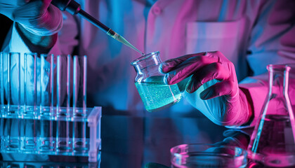 Scientist hand holding pipette with test tubes in laboratory, blue and pink neon lighting research concept