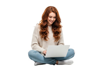 A young woman with long auburn hair sits cross legged on the floor with a laptop smiling and looking down at the screen isolated on transparent background