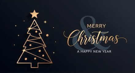 Elegant Gold Christmas Tree and Greetings on Dark Background