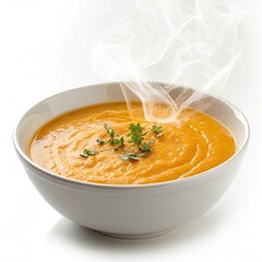 Creamy Pumpkin Soup Isolated on White or Transparent Background,Pumpkin Soup with Cream Texture Isolated on White