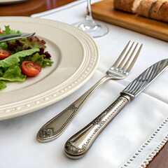 Elegant dinner setting with plate, knife, and fork, neatly arranged, inviting.