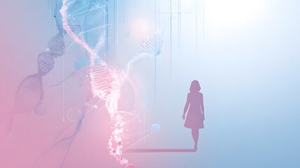 Silhouette of woman beside DNA strands illustrating BRCA gene mutation and breast cancer genetic risk concept