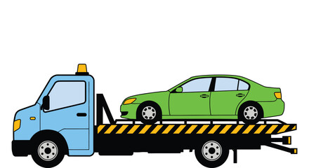 Tow truck transporting green car for roadside assistance services