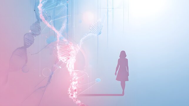Silhouette of woman beside DNA strands illustrating BRCA gene mutation and breast cancer genetic risk concept