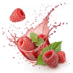 Raspberries in Juice Splash Isolated on White Background,Ripe Raspberries in Splash Motion Isolated