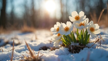 White flowers push through melting snow in early spring sunlight. Green leaves emerge from white petals and orange centers in nature rebirth scene. Sunlight illuminates delicate blossoms.